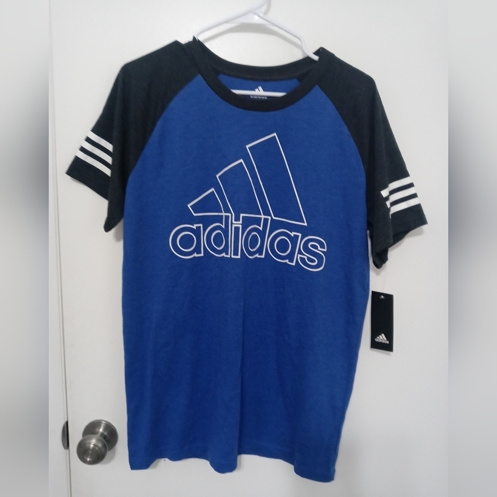 Adidas Boy's XL Blue black Varsity style large logo Pullover t shirt NEW